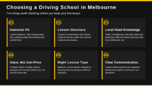Choosing a driving school in Melbourne - infographic highlighting six factors, including instructor fit, lesson structure, local road knowledge, value, lesson type, and clear communication.