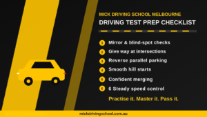 Driving test prep checklist showing key skills for Melbourne driving test preparation - mirror checks, giving way, parking and hill starts